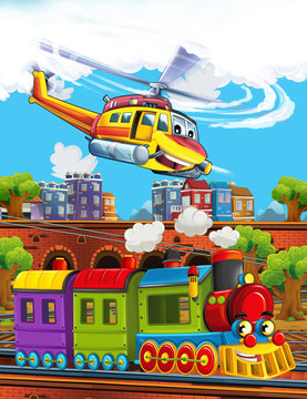 Cartoon funny looking steam train on the train station near the city and flying emergency helicopter - illustration for children © honeyflavour
