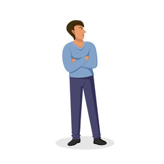 The angry and displeased man crossed his arms and turned away. Offended character, does not want to communicate. Vector emotional illustration.