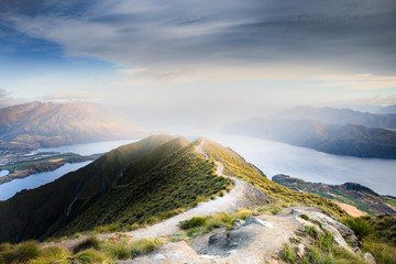 New Zealand Landscape. Lake View From Mountain Peak. Roys Peak Wanaka South Island NZ. Popular Travel Tourism Destination.