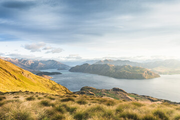 Fototapeta premium New Zealand Landscape. Lake View From Mountain Peak. Roys Peak Wanaka South Island NZ. Popular Travel Tourism Destination.