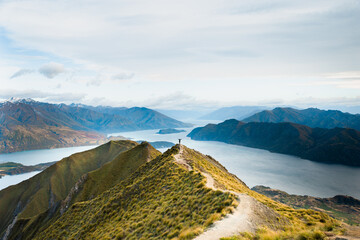 Roys peak mountain hike in Wanaka New Zealand. Popular tourism travel destination. Concept for...