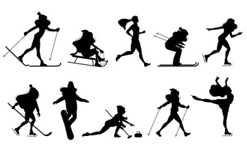 Set of Winter sport silhouette illustrations. Winter olympic games. Woman make ice skating, skiing, snowboarding, girl on sleigh, Hockey, curlingб skier, Figure, outdoor snow games, characters. Vector - obrazy, fototapety, plakaty