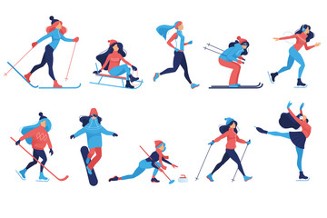 Fototapeta na wymiar Set of Winter sport illustrations. Winter olympic games. Woman make ice skating, skiing, snowboarding, girl on sleigh, Hockey, curlingб skier, Figure, outdoor snow games, cartoon characters. Vector