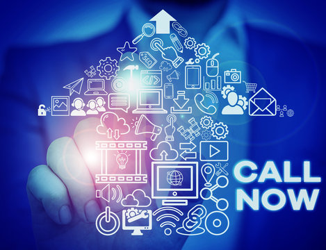 Text sign showing Call Now. Business photo showcasing To immediately contact a demonstrating using telecom devices with accuracy Male human wear formal work suit presenting presentation using smart