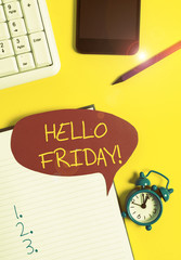 Text sign showing Hello Friday. Business photo showcasing you say this for wishing and hoping another good lovely week Empty red bubble paper on the table with pc keyboard