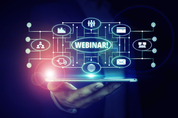 Word writing text Webinar. Business photo showcasing a seminar or other presentation that takes place on the Internet Male human wear formal work suit presenting presentation using smart device
