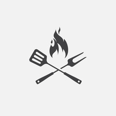 BBQ with flame icon, Grill sign meat and food icon, fork and spatula Barbeque icon symbol, Barbeque Icon Vector Illustration Sign - obrazy, fototapety, plakaty