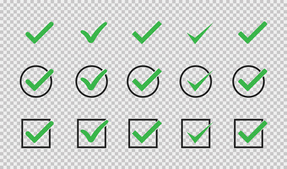 Green checkmark isolated vector icons. Vote symbol tick. Approved icon. Check mark icon set. Tick checkmark check list button icon. - obrazy, fototapety, plakaty