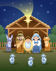 Christmas Nativity Scene. The Holy Family, Donkey, Bull, Sheeps and the shooting star of Bethlehem. Vector illustration without transparency.