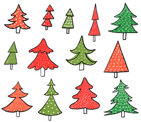 Hand drawn doodle Christmas vector trees in green and red colors for holiday greeting cards, icons and graphic design