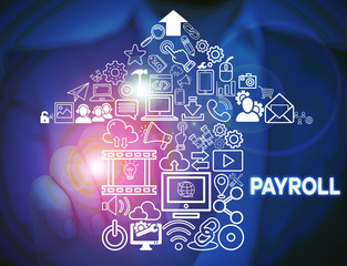 Text sign showing Payroll. Business photo showcasing Amount of wages and salaries paid by a company to its employees Male human wear formal work suit presenting presentation using smart device