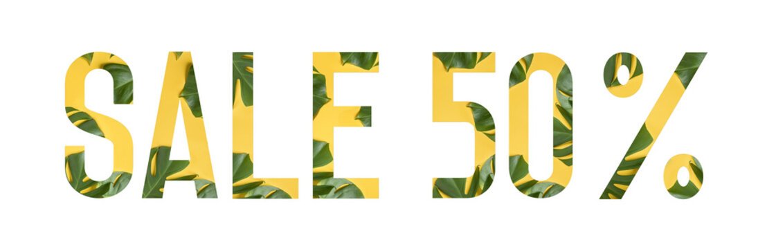 Tropical Flower Font Alphabet SALE 50 % Made Of Real Alive Flowers Monstera On Yellow Background With Paper Cut Shape Of Letter. Collection Of Flora Font For Your Unique Decoration In Summer