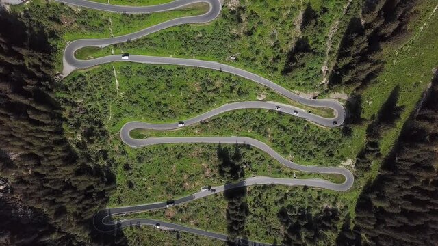 Overhead aerial view of hairpin turns of Silvretta-Bielerhohe High Alpine Road in Vorarlberg, Austria.