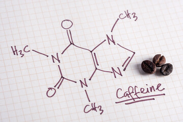 Coffee beans with hand drawn caffeine formula