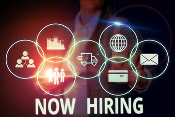 Writing note showing Now Hiring. Business concept for announcing that certain company seeking for new talents Woman wear formal work suit presenting presentation using smart device