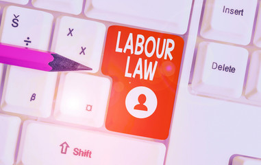 Conceptual hand writing showing Labour Law. Concept meaning Rules implemented by the state between...