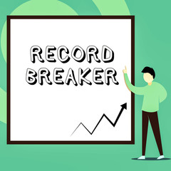 Conceptual hand writing showing Record Breaker. Concept meaning someone or something that beats previous best result Man standing pointing up blank rectangle Geometric background