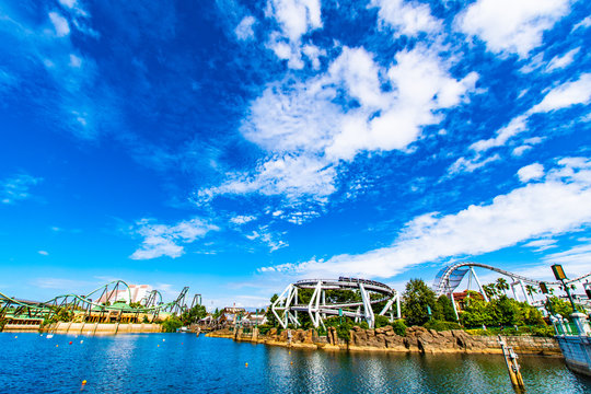 OSAKA, JAPAN - AUGUST 12, 2018: The LAGOON at the HOLLYWOOD AREA in Universal Studios Japan under clear blue sky. Universal Studios Japan is a fun and famous theme park in Japan. 