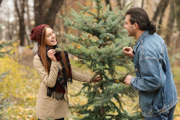 Obraz premium Happy couple resting in autumn park