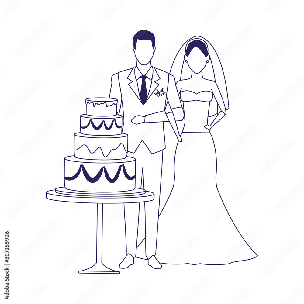 Sticker avatar groom and bride around the wedding cake, flat design