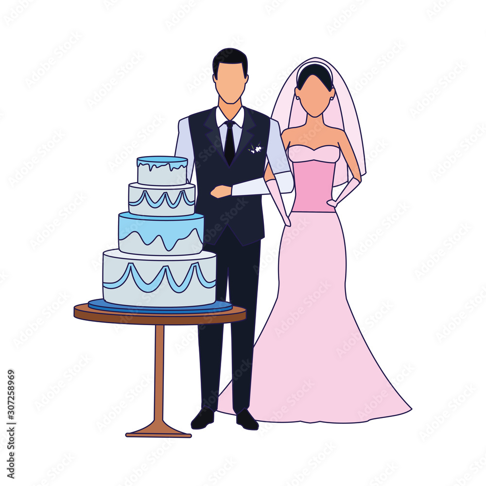 Sticker avatar groom and bride around the wedding cake, flat design