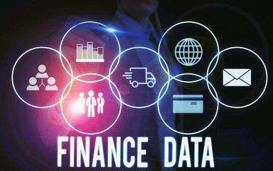 Fototapeta premium Writing note showing Finance Data. Business concept for formal records of the financial activities of the business Woman wear formal work suit presenting presentation using smart device