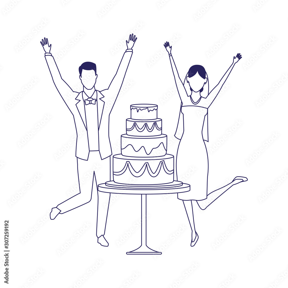 Sticker avatar excited groom and bride around the wedding cake