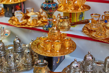 Fototapeta na wymiar Turkish ceramic and copper jars on sale at the Grand Bazaar in Istanbul