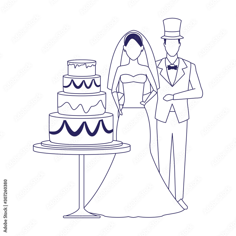 Wall mural avatar married couple standing around the wedding cake icon