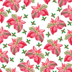 Fotobehang Tropische planten Watercolor seamless pattern with poinsettias and holly isolated on a white background. Watercolor Christmas background is suitable for festive printing, fabrics, scrapbooking, cards.