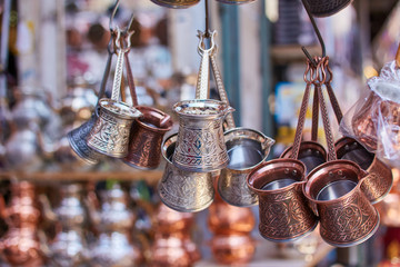 Turkish ceramic and copper jars on sale at the Grand Bazaar in Istanbul