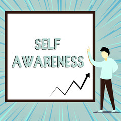 Word writing text Self Awareness. Business photo showcasing Consciousness of a demonstrating towards a situation or happenings View young man standing pointing up blank rectangle Geometric background