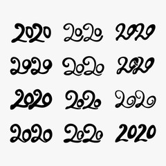 Design 2020 set of twelve hand drawn calligraphy flat vector templates. Figures of the year 2020 in black. Happy New Year.