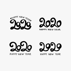 Design Happy New Year 2020. Set of four hand drawn calligraphy flat vector templates. Figures of the year 2020 in black. Happy New Year.
