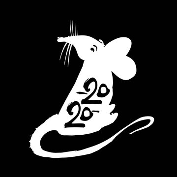 Hand drawn brush and ink blot template white Rat 2020. Handwriting rat 2020. Year of the Rat on the Chinese calendar.