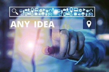 Word writing text Any Idea. Business photo showcasing Asking showing if they have thoughts about case or problem Woman wear formal work suit presenting presentation using smart device