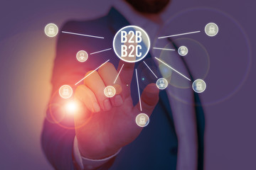 Writing note showing B2B B2C. Business concept for two types for sending emails to other showing Outlook accounts Male wear formal work suit presenting presentation smart device