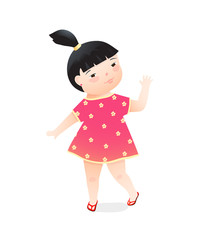 Cute joyful kindergarten preschooler girl gesture hello.