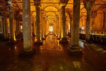 Underground Basilica Cistern Yerebatan Sarnici in Istanbul, Turkey. Cistern in Istanbul underground. Istanbul cistern for water.