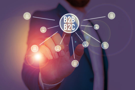 Writing note showing B2B B2C. Business concept for two types for sending emails to other showing Outlook accounts Male wear formal work suit presenting presentation smart device