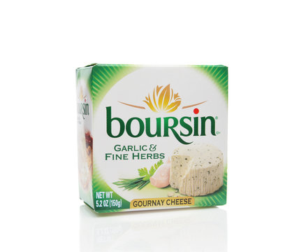 IRVINE, CALIFORNIA - 03 DEC 2019: A box of Boursin Garlic and Fine Herbs Gournay Cheese.