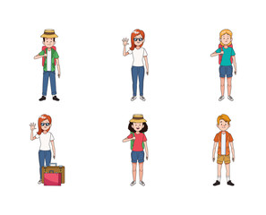 Fototapeta na wymiar icon set of young travel people with suitcases, colorful design