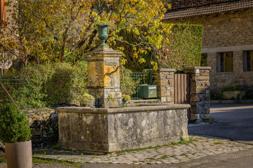 Eau Potable French for drinking water.  Drinking water fountain in the village of Planches-près-Arbois, in the Jura Department in France.