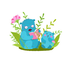 Cute bear family reading book studying and teaching in nature.