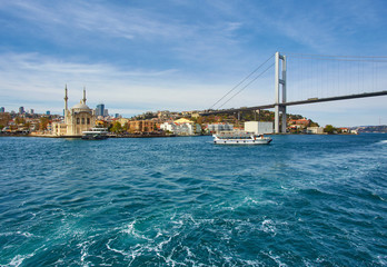 Obraz premium a beautiful view of Ortakoy Mosque and Bosphorus bridge in Istanbul,
