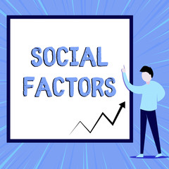 Word writing text Social Factors. Business photo showcasing Things that influences lifestyle Cultural Differences View young man standing pointing up blank rectangle Geometric background