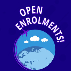 Word writing text Open Enrolments. Business photo showcasing when employees may make changes to elected fringe benefit Airplane with Moving Icon Flying Around Colorful Globe and Blank Text Space