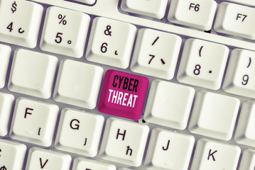 Handwriting text writing Cyber Threat. Conceptual photo has a potential to cause serious harm to a computer system White pc keyboard with empty note paper above white background key copy space