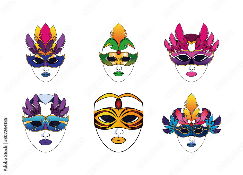 Sticker carnival mask icon set, colorful design