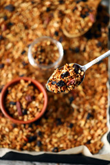 Selective focus. Homemade granola. Cooking granola.